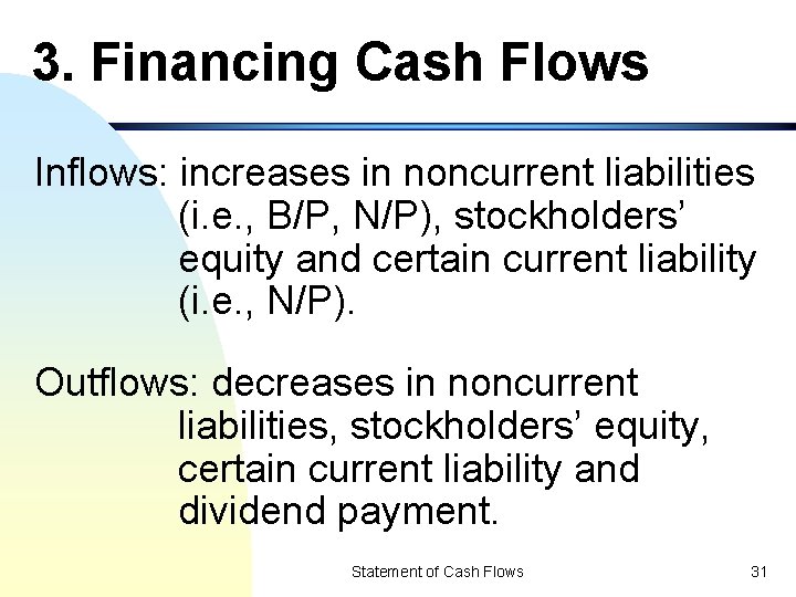 3. Financing Cash Flows Inflows: increases in noncurrent liabilities (i. e. , B/P, N/P),
