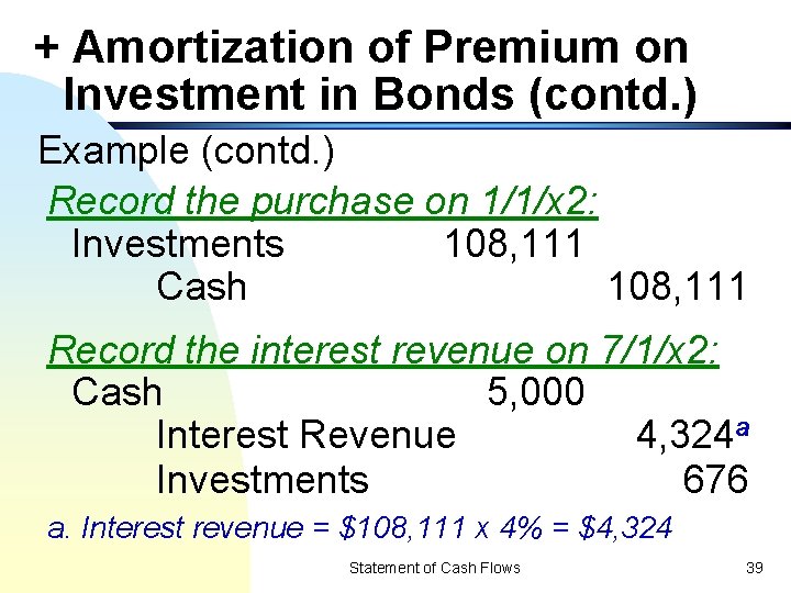 + Amortization of Premium on Investment in Bonds (contd. ) Example (contd. ) Record
