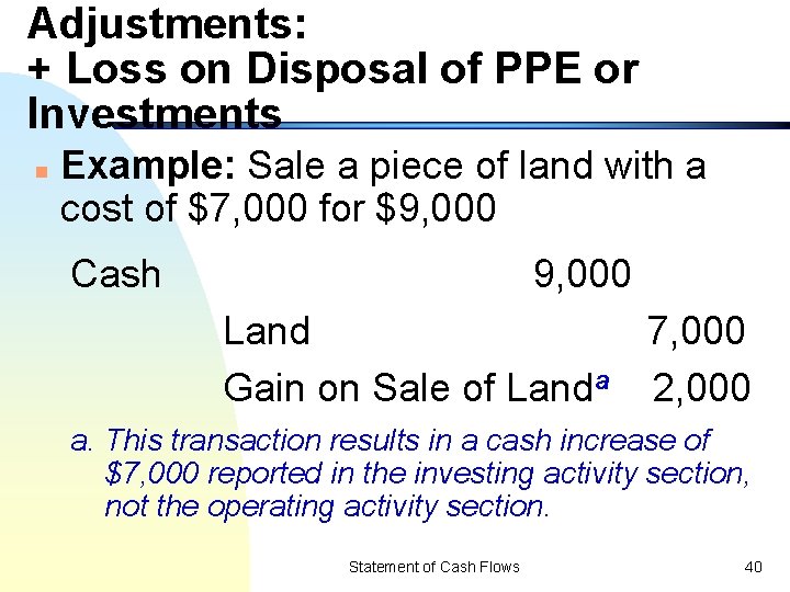 Adjustments: + Loss on Disposal of PPE or Investments n Example: Sale a piece