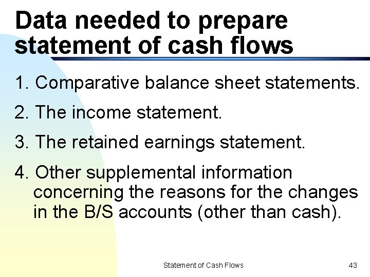 Data needed to prepare statement of cash flows 1. Comparative balance sheet statements. 2.