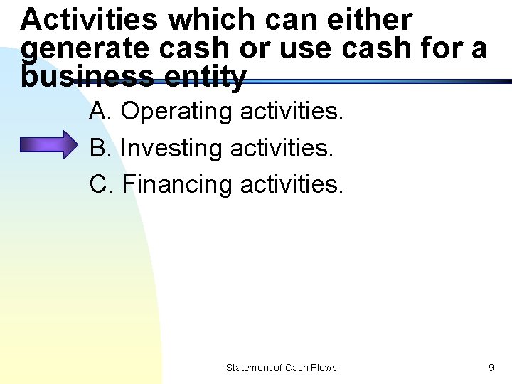 Activities which can either generate cash or use cash for a business entity A.