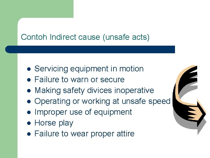 Contoh Indirect cause (unsafe acts) l l l l Servicing equipment in motion Failure