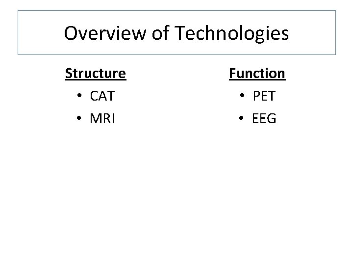 Overview of Technologies Structure • CAT • MRI Function • PET • EEG 