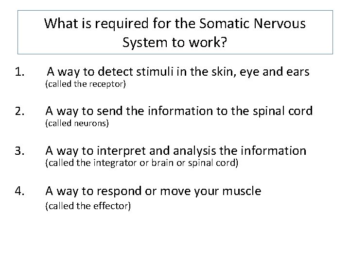 What is required for the Somatic Nervous System to work? 1. A way to