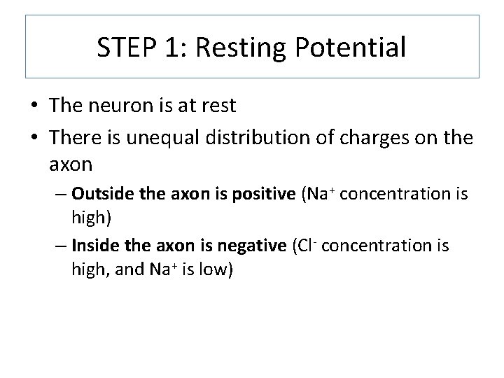 STEP 1: Resting Potential • The neuron is at rest • There is unequal