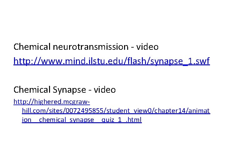 Chemical neurotransmission - video http: //www. mind. ilstu. edu/flash/synapse_1. swf Chemical Synapse - video