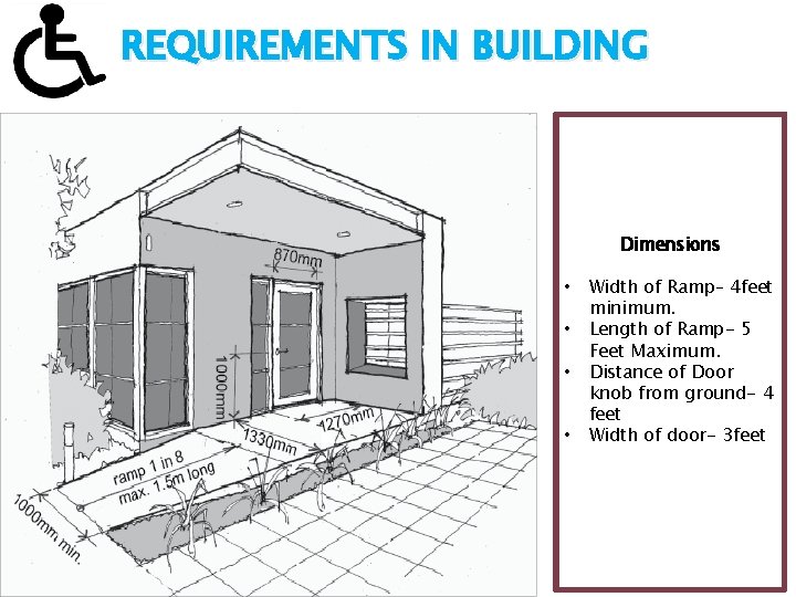 REQUIREMENTS IN BUILDING Dimensions • • Width of Ramp– 4 feet minimum. Length of