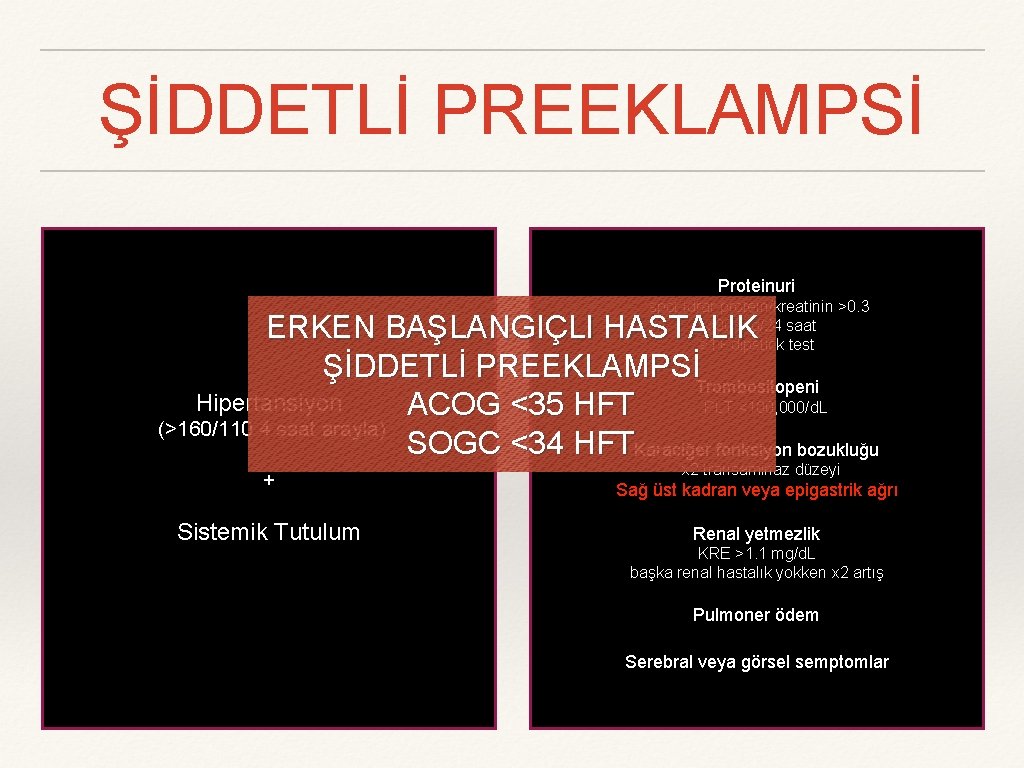 ŞİDDETLİ PREEKLAMPSİ Proteinuri spot idrar protein/kreatinin >0. 3 >300 mg/24 saat ≥ 1+ dipstick