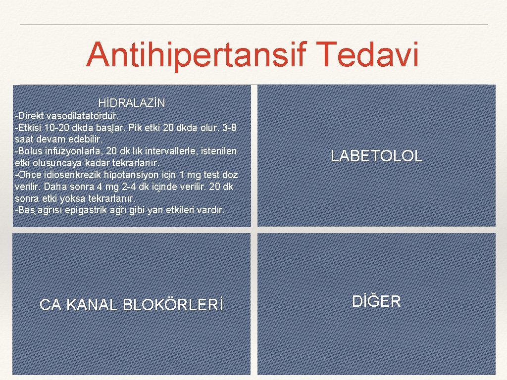 Antihipertansif Tedavi HİDRALAZİN -Direkt vasodilatato rdu r. -Etkisi 10 -20 dkda bas lar. Pik