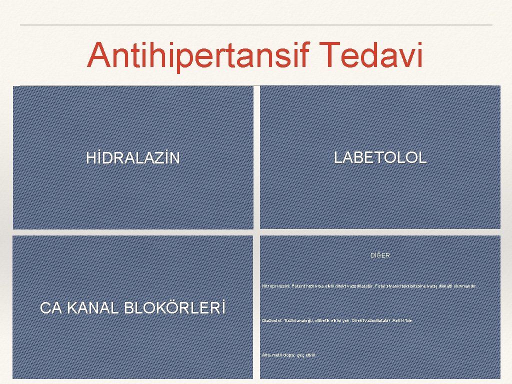 Antihipertansif Tedavi LABETOLOL HİDRALAZİN DİĞER Nitroprussid: Potent hızlı kısa etkili direkt vazodilatatör. Fetal siyanid