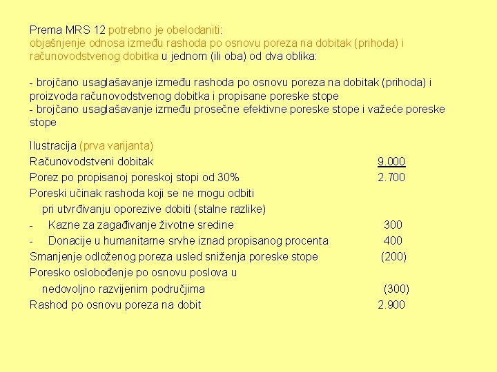 Prema MRS 12 potrebno je obelodaniti: objašnjenje odnosa između rashoda po osnovu poreza na