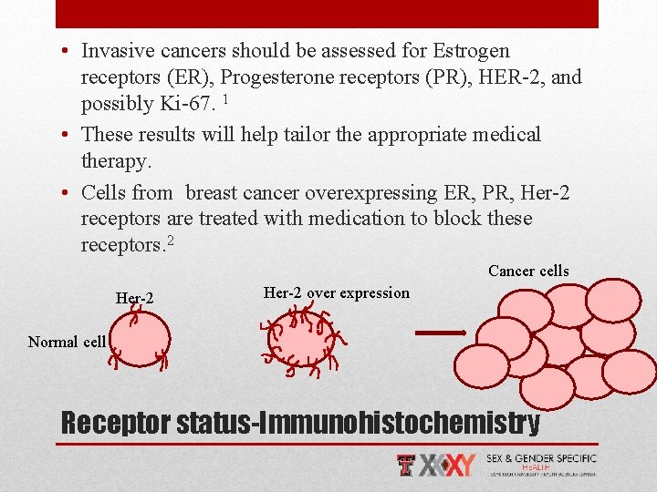  • Invasive cancers should be assessed for Estrogen receptors (ER), Progesterone receptors (PR),