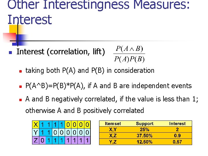 Other Interestingness Measures: Interest n Interest (correlation, lift) n taking both P(A) and P(B)