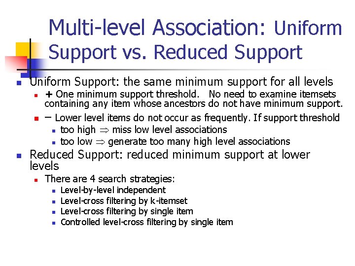 Multi-level Association: Uniform Support vs. Reduced Support n Uniform Support: the same minimum support