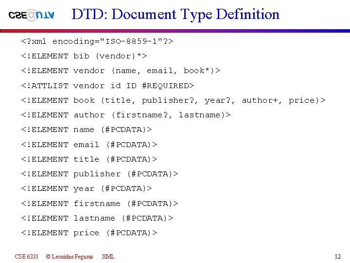 DTD: Document Type Definition <? xml encoding="ISO-8859 -1"? > <!ELEMENT bib (vendor)*> <!ELEMENT vendor