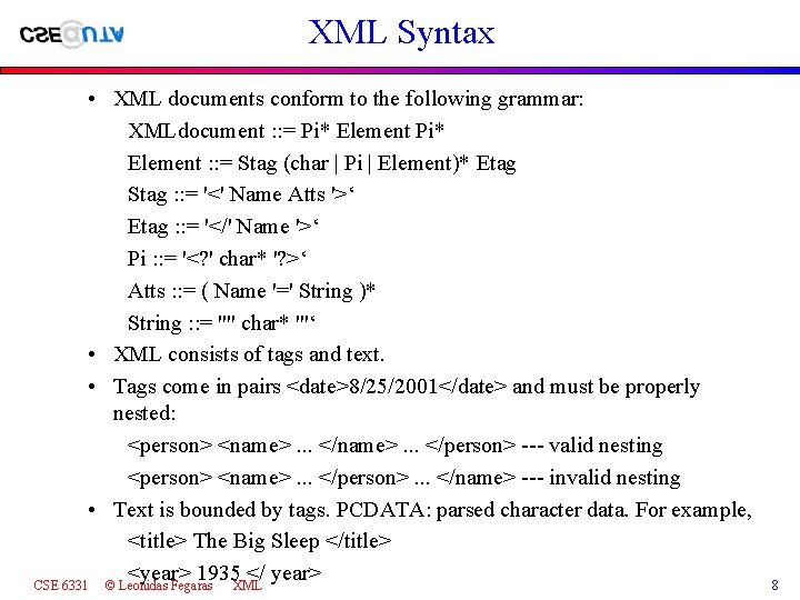 XML Syntax • XML documents conform to the following grammar: XMLdocument : : =