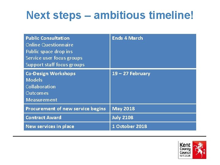 Next steps – ambitious timeline! Public Consultation Online Questionnaire Public space drop ins Service