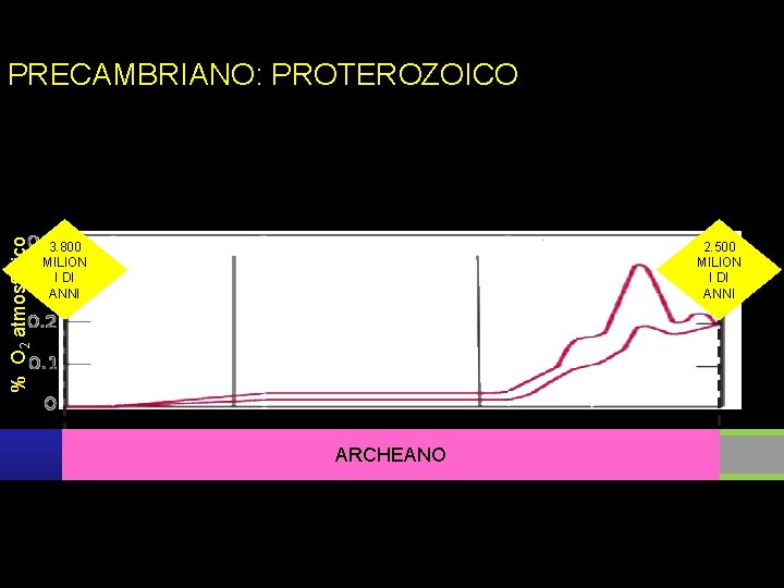 % O 2 atmosferico PRECAMBRIANO: PROTEROZOICO 3. 800 MILION I DI ANNI 2. 500