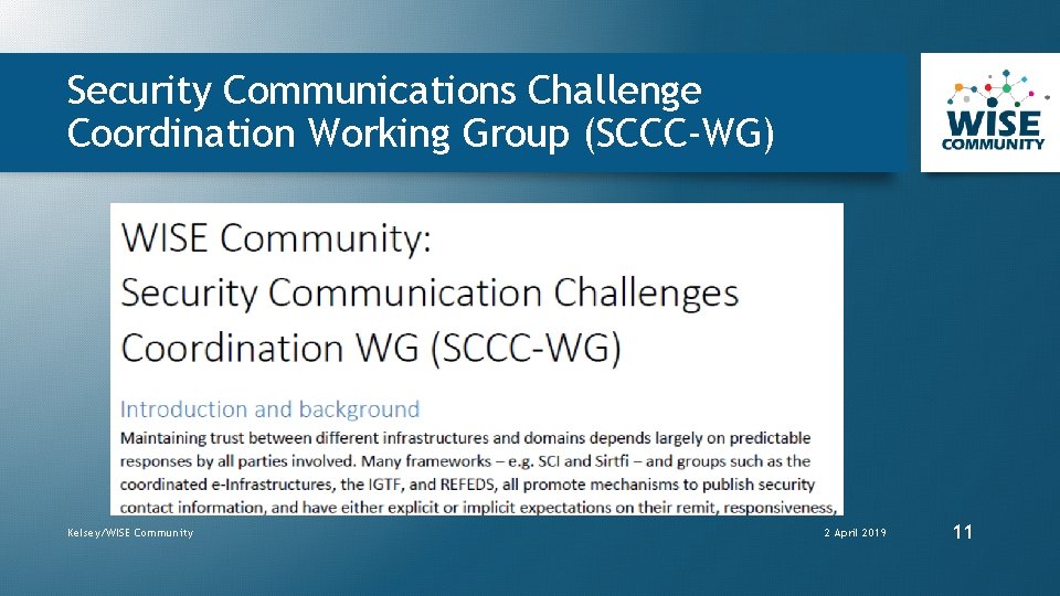 Security Communications Challenge Coordination Working Group (SCCC-WG) Kelsey/WISE Community 2 April 2019 11 