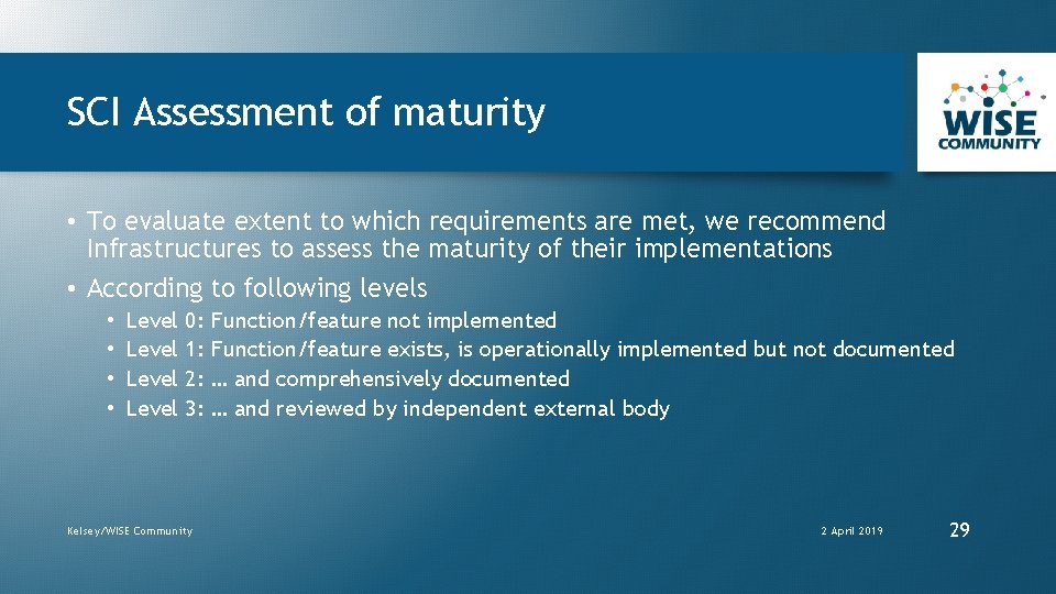 SCI Assessment of maturity • To evaluate extent to which requirements are met, we