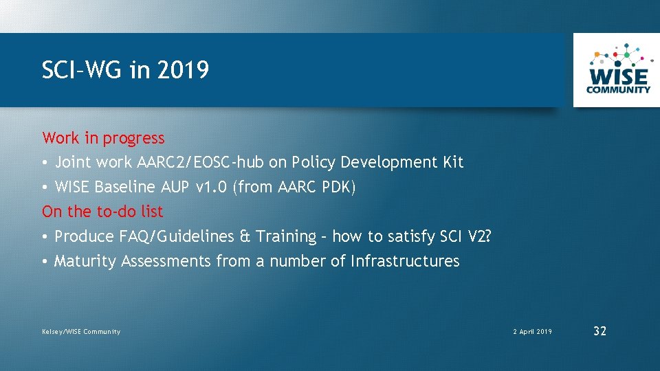 SCI–WG in 2019 Work in progress • Joint work AARC 2/EOSC-hub on Policy Development