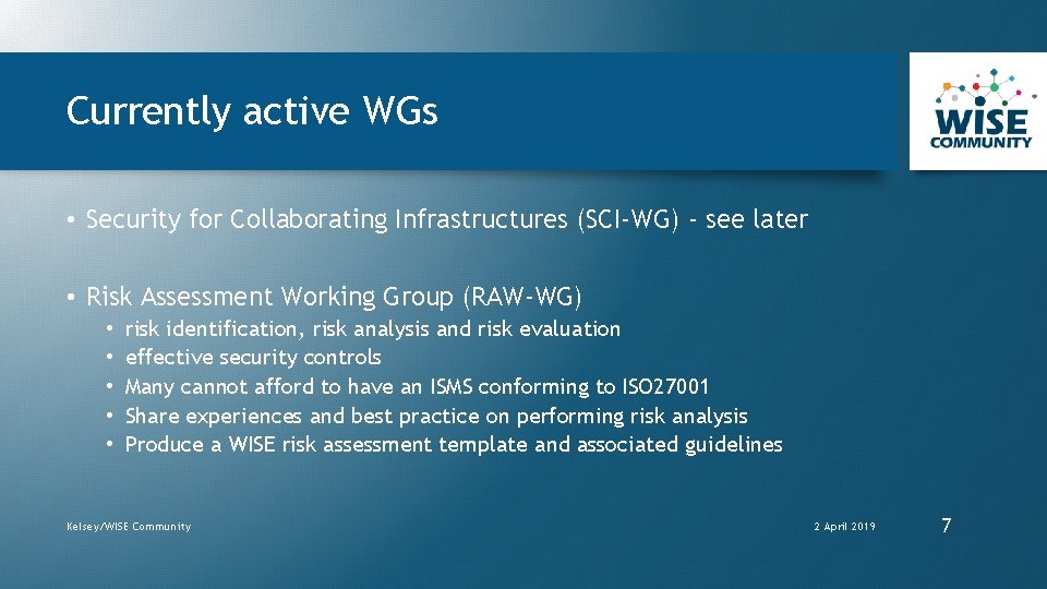 Currently active WGs • Security for Collaborating Infrastructures (SCI-WG) - see later • Risk