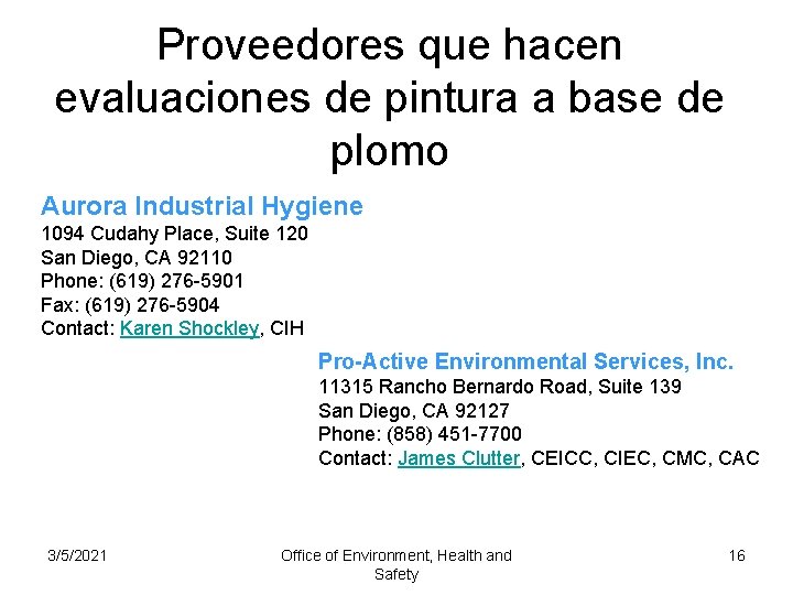 Proveedores que hacen evaluaciones de pintura a base de plomo Aurora Industrial Hygiene 1094