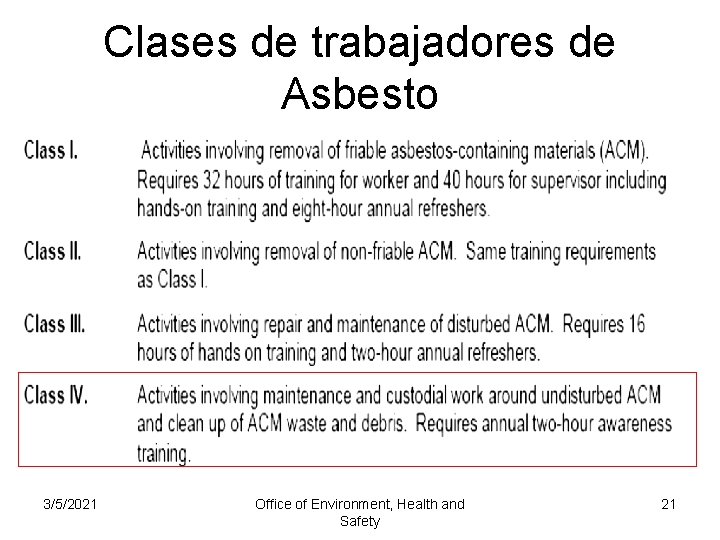 Clases de trabajadores de Asbesto 3/5/2021 Office of Environment, Health and Safety 21 