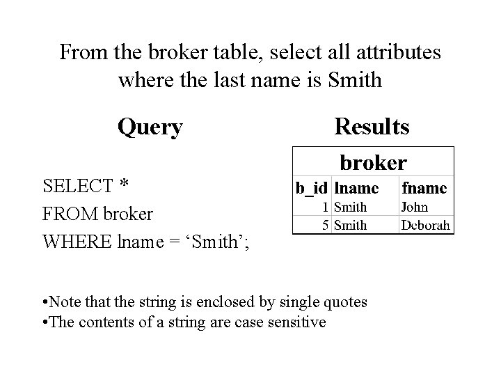 From the broker table, select all attributes where the last name is Smith Query