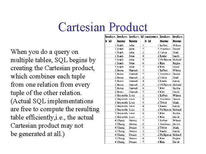 Cartesian Product When you do a query on multiple tables, SQL begins by creating