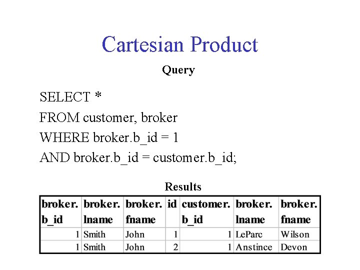 Cartesian Product Query SELECT * FROM customer, broker WHERE broker. b_id = 1 AND