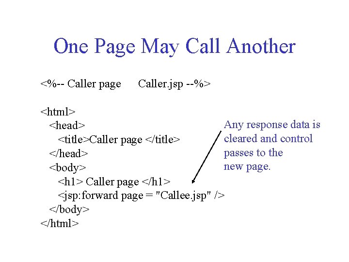 One Page May Call Another <%-- Caller page Caller. jsp --%> <html> Any response