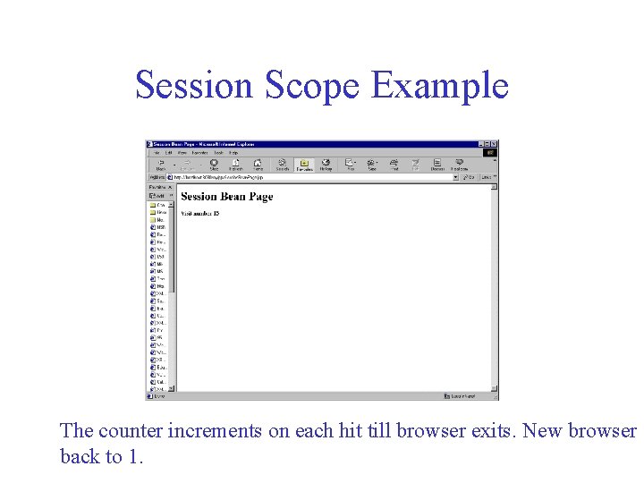 Session Scope Example The counter increments on each hit till browser exits. New browser