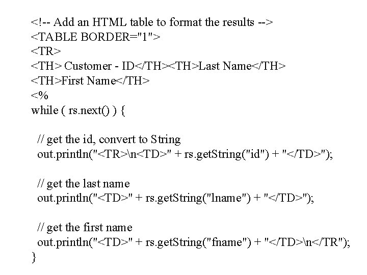 <!-- Add an HTML table to format the results --> <TABLE BORDER="1"> <TR> <TH>