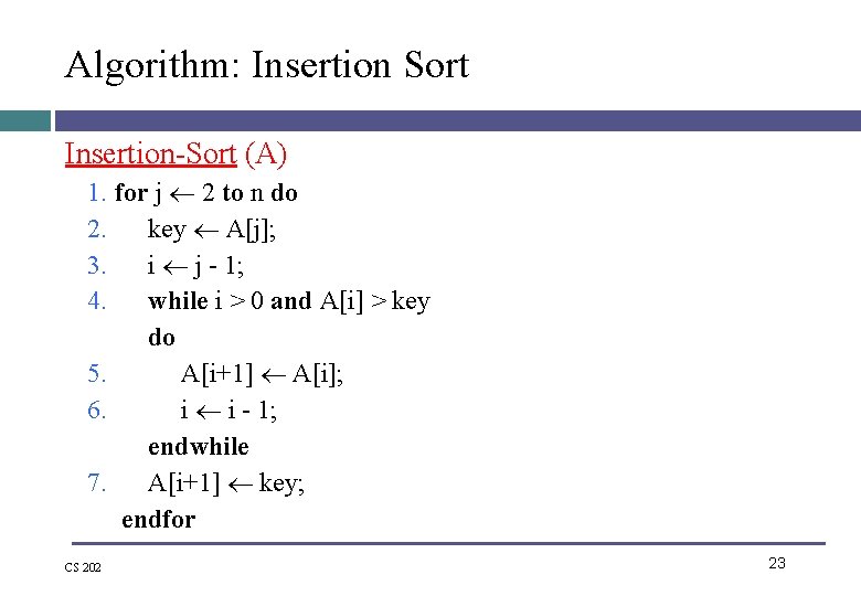 Algorithm: Insertion Sort Insertion-Sort (A) 1. for j 2 to n do 2. key Algorithm: Insertion Sort Insertion-Sort (A) 1. for j 2 to n do 2. key