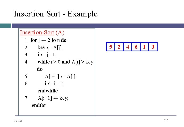 Insertion Sort - Example Insertion-Sort (A) 1. for j 2 to n do 2. Insertion Sort - Example Insertion-Sort (A) 1. for j 2 to n do 2.