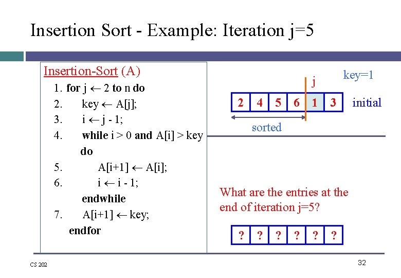 Insertion Sort - Example: Iteration j=5 Insertion-Sort (A) 1. for j 2 to n Insertion Sort - Example: Iteration j=5 Insertion-Sort (A) 1. for j 2 to n