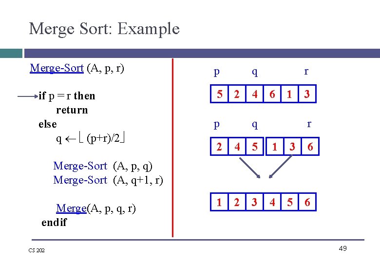 Merge Sort: Example Merge-Sort (A, p, r) p q if p = r then Merge Sort: Example Merge-Sort (A, p, r) p q if p = r then