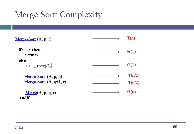 Merge Sort: Complexity Merge-Sort (A, p, r) T(n) if p = r then return Merge Sort: Complexity Merge-Sort (A, p, r) T(n) if p = r then return