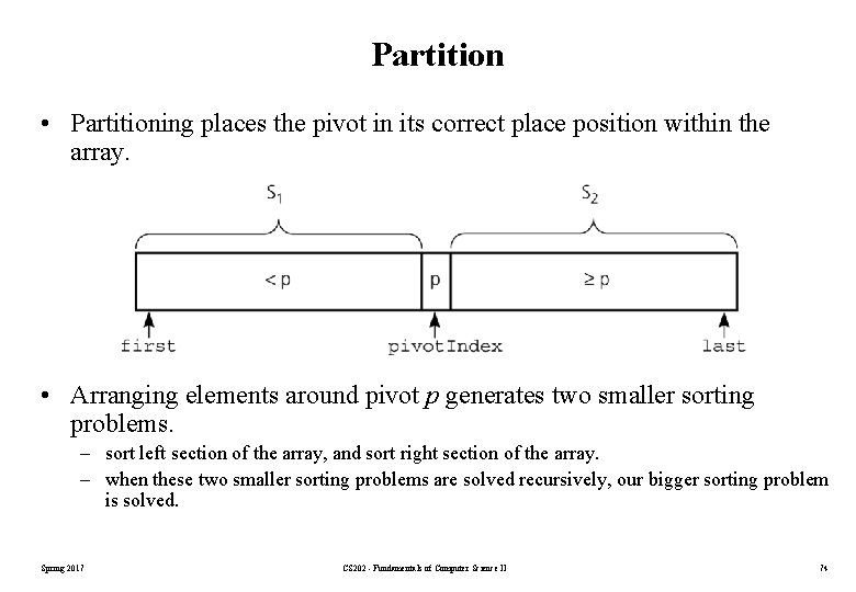 Partition • Partitioning places the pivot in its correct place position within the array. Partition • Partitioning places the pivot in its correct place position within the array.