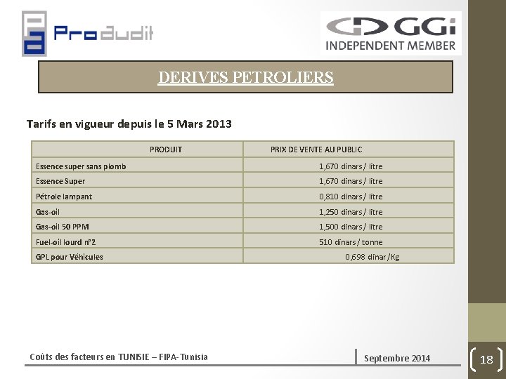 DERIVES PETROLIERS Tarifs en vigueur depuis le 5 Mars 2013 PRODUIT PRIX DE VENTE