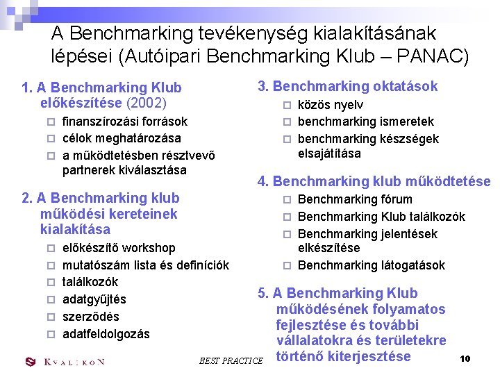 A Benchmarking tevékenység kialakításának lépései (Autóipari Benchmarking Klub – PANAC) 3. Benchmarking oktatások 1.