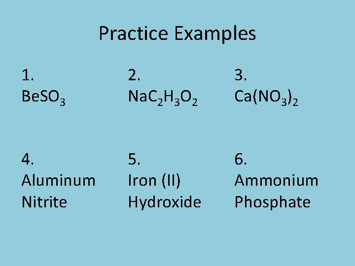 Practice Examples 1. Be. SO 3 2. Na. C 2 H 3 O 2