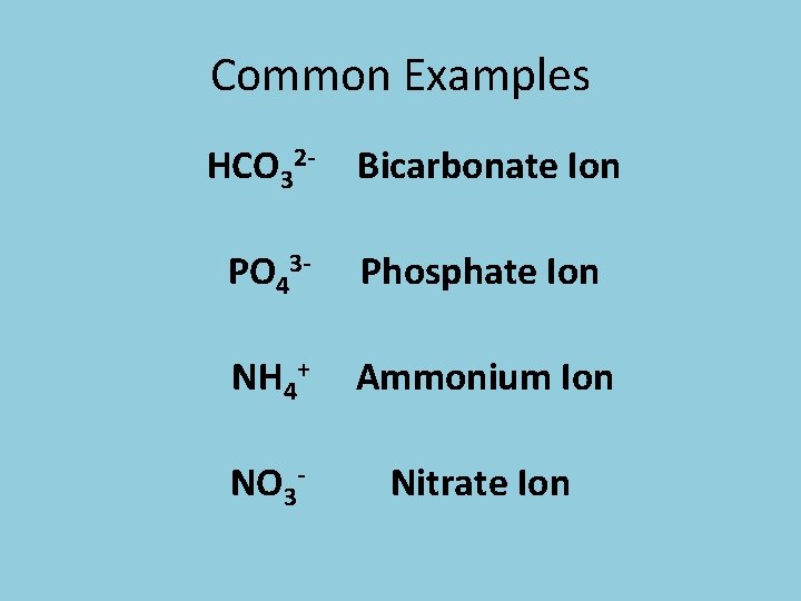 Common Examples HCO 32 - Bicarbonate Ion PO 43 - Phosphate Ion NH 4+