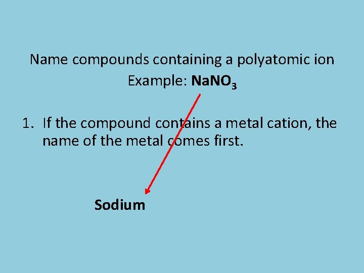 Name compounds containing a polyatomic ion Example: Na. NO 3 1. If the compound