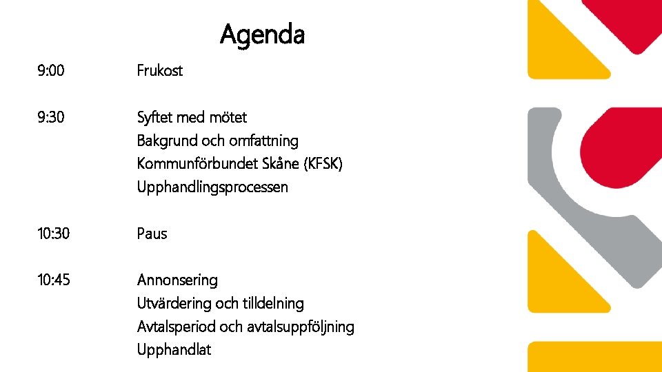 Agenda 9: 00 Frukost 9: 30 Syftet med mötet Bakgrund och omfattning Kommunförbundet Skåne
