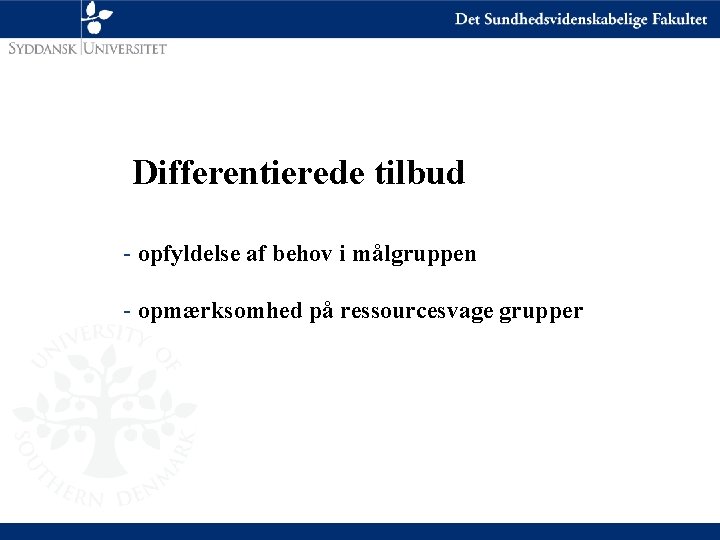 Differentierede tilbud - opfyldelse af behov i målgruppen - opmærksomhed på ressourcesvage grupper 