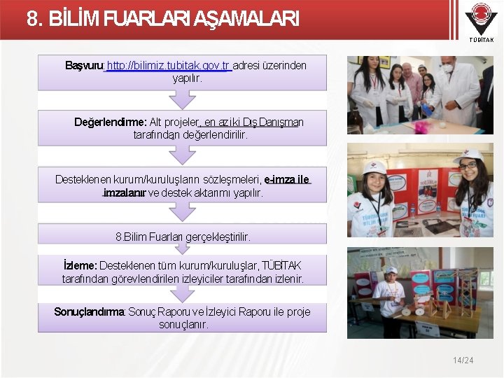 8. BİLİM FUARLARI AŞAMALARI TÜBİTAK Başvuru: http: //bilimiz. tubitak. gov. tr adresi üzerinden yapılır.