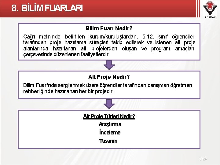 8. BİLİM FUARLARI TÜBİTAK Bilim Fuarı Nedir? Çağrı metninde belirtilen kurum/kuruluşlardan, 5 -12. sınıf