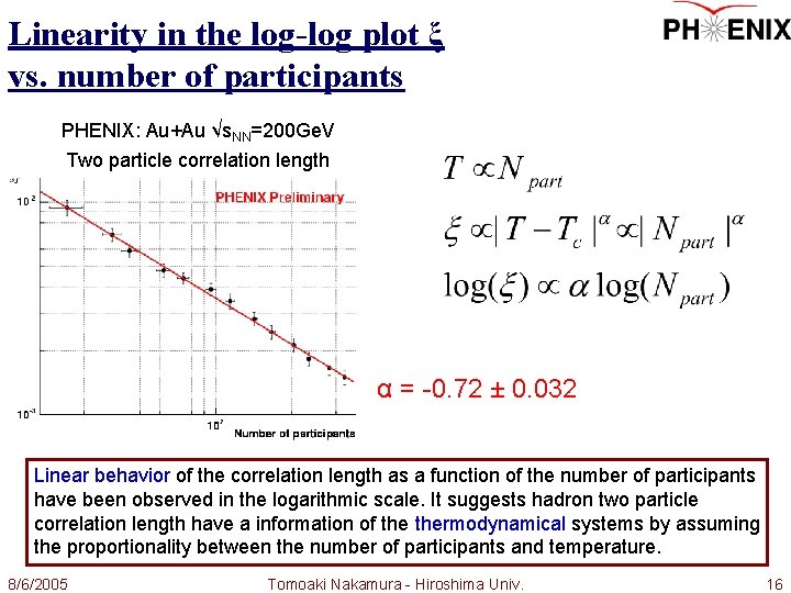 Linearity in the log-log plot ξ vs. number of participants PHENIX: Au+Au √s. NN=200